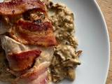 A picture of Mushroom stuffed chicken breast wrapped in bacon.