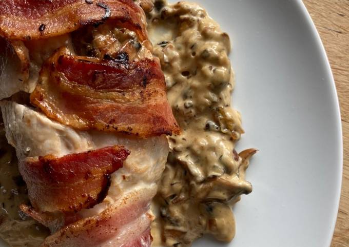 A picture of Mushroom stuffed chicken breast wrapped in bacon.