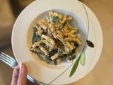 A picture of Fuzi pasta with leek, spinach and walnuts.