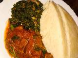 A picture of Beef stew, ugali and mixed vegetables #themechallenge.