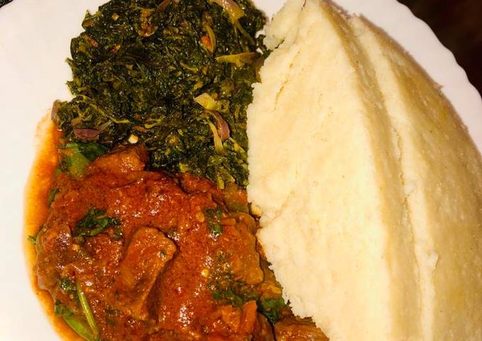 A picture of Beef stew, ugali and mixed vegetables #themechallenge.