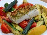 A picture of Zesty lemon pepper baked Cod and roasted vegetables.