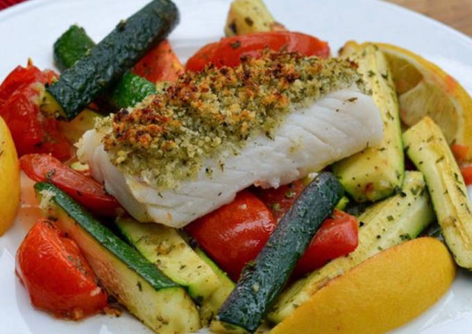 A picture of Zesty lemon pepper baked Cod and roasted vegetables.