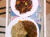 A picture of Lentil Mukimo,liver stew and mixed vegetables salad.