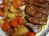 A picture of Roasted London Broil with vegetables.