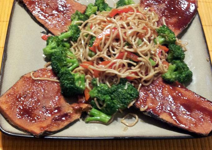 A picture of vegan honey barbaque fish with vegetable lomain noodles.