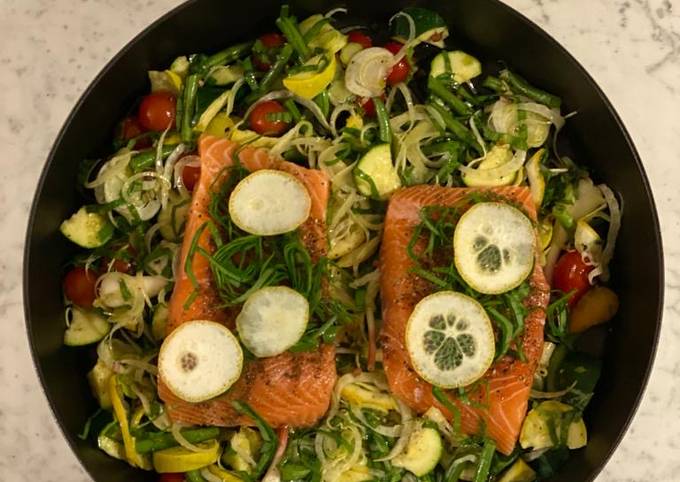 A picture of One-pan roasted salmon, market vegetables, lemon & olive oil from Spain.