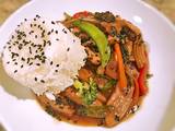 A picture of Asian Pork and vegetable in spicy garlic brown sauce.