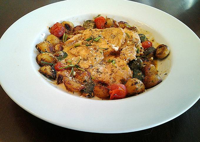 A picture of Pan Seared Swordfish with Roasted Vegetable Balls.