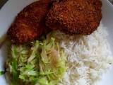 A picture of Breadcrumb Chicken Cabbage and Rice.