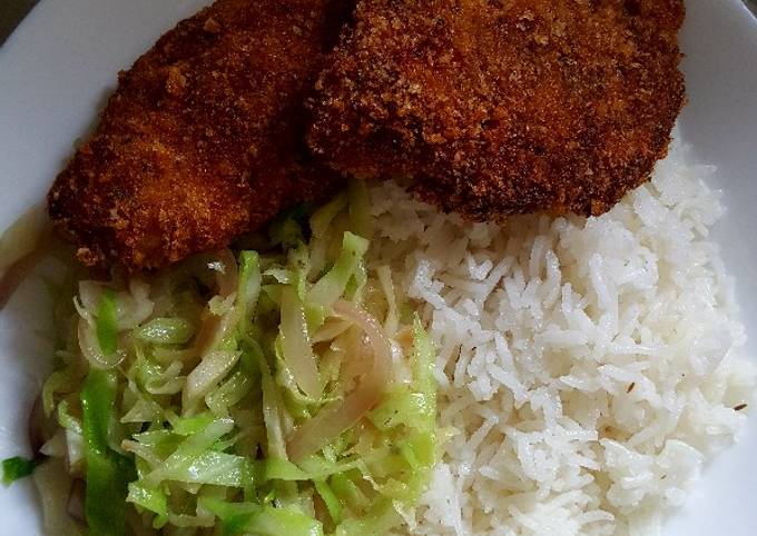 A picture of Breadcrumb Chicken Cabbage and Rice.