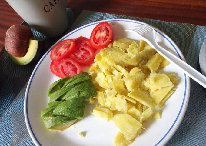 A picture of Boiled sweet potatoes with avocado and tomatoes.