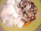 A picture of Boiled yam scrambled egg and vegetable.