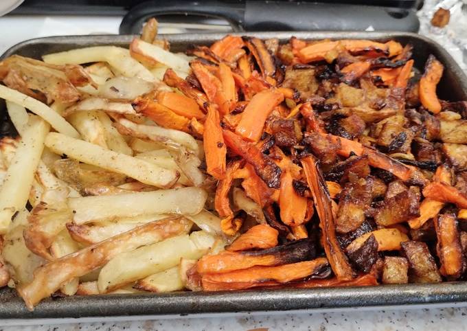 A picture of Air fryer carrots, chips and Bombay potatoes.