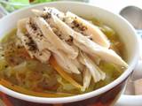 A picture of Chicken Tenders and Julienned Vegetable Soup.