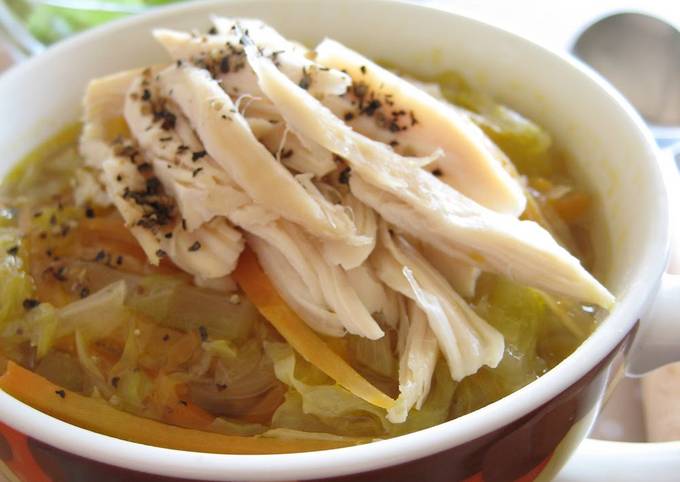 A picture of Chicken Tenders and Julienned Vegetable Soup.