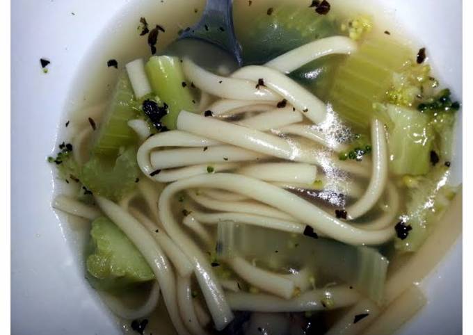 A picture of linguine vegetable soup.