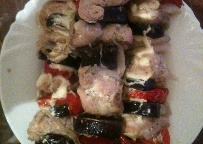 A picture of Marinated Juicy Chicken Breasts With Vegetables On Skewers.