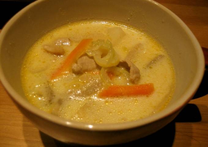 A picture of Hearty and Creamy Tonjiru (miso soup with pork, vegetables and a dash of milk).