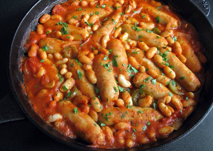 A picture of Chipolatas & Cannellini Beans in Mexican Tomato Sauce.