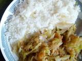 A picture of Rice served with fried cabbage.