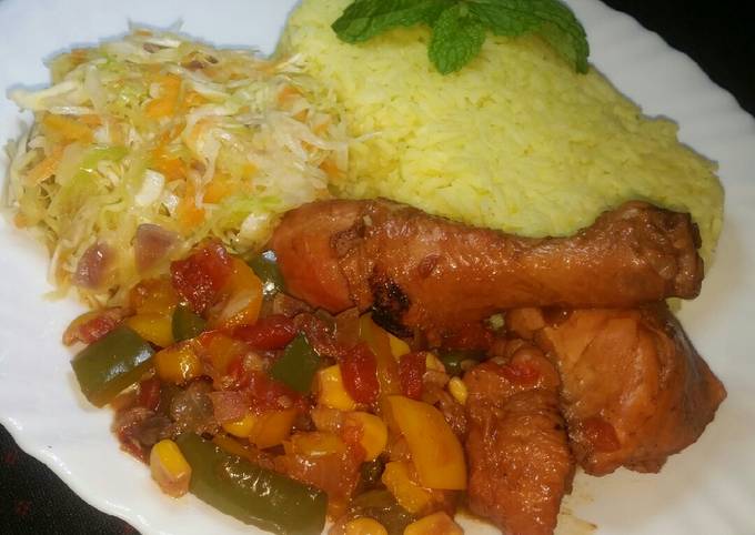 A picture of Mexican Sweet Corn & Chicken Combo with Rice n Steamed Cabbage.