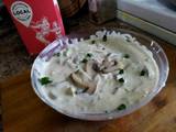 A picture of Cream of mushroom soup.