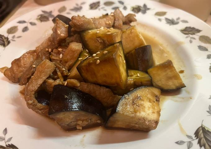 A picture of Easy Japanese style pork and aubergine stir.