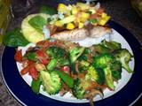 A picture of Pan Seared Halibut with Pineapple/Mango Salsa and Stir Fried Portobello and Vegetable Medley..