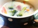 A picture of Vegetable Soup made with Soy Milk and Cheese.