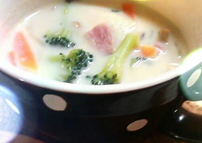 A picture of Vegetable Soup made with Soy Milk and Cheese.