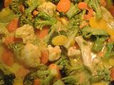 A picture of Vegetables and creamy turmeric sauce.