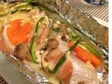 A picture of Baked Salmon and Vegetables in Foil.