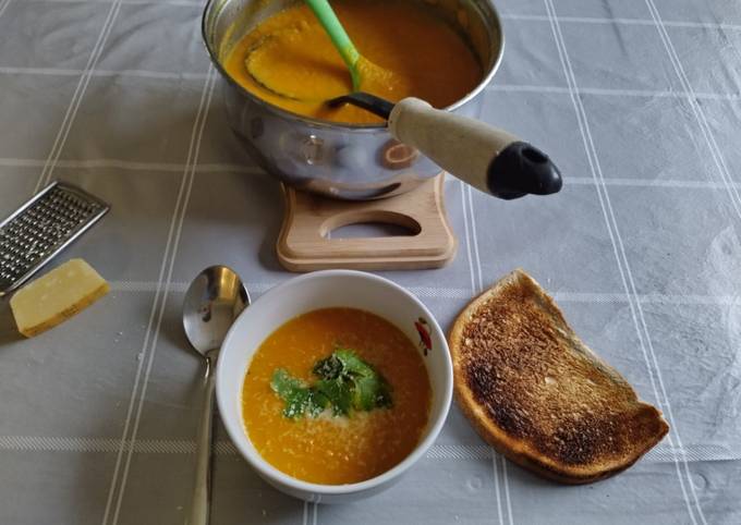 A picture of Courgette, carrot and sweet potato soup.