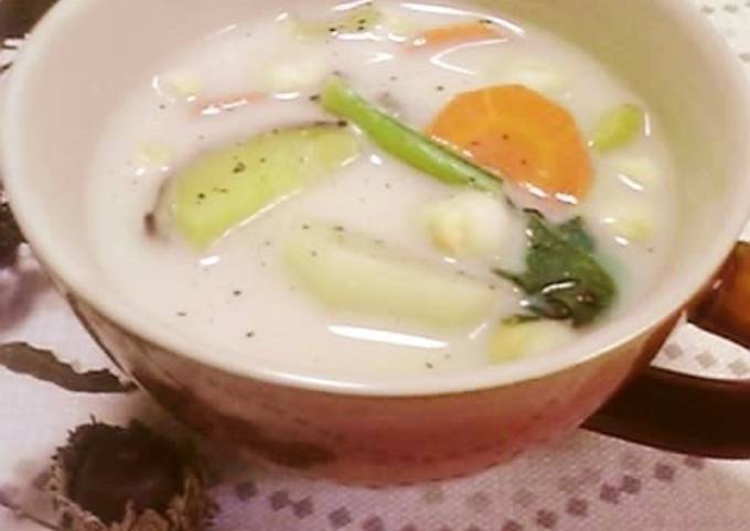 A picture of Vegetable-Packed Soup With Soy Milk.