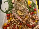 A picture of Spatchcock Herb of Provence Chicken w Lemon and vegetables (easy sheet pan dinner).