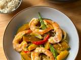 A picture of Kabocha with King Prawns, Coconut Milk & Okra.