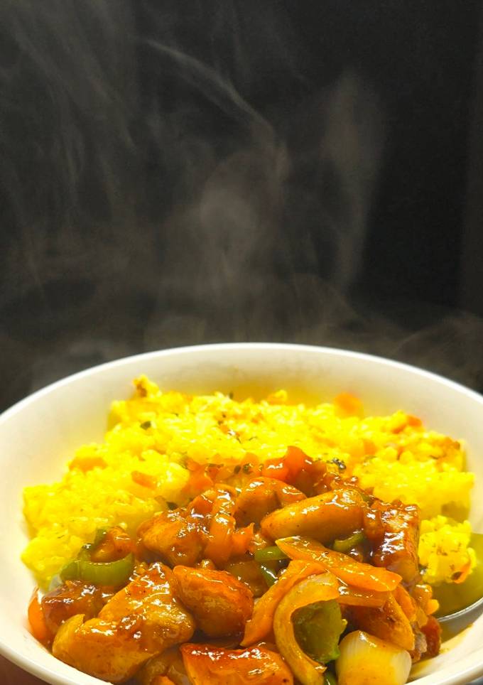 A picture of Savory Sweet-Chili Chicken with Turmeric Rice.