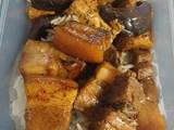 A picture of Five spice pork belly with mushrooms and tofu.