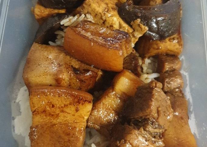 A picture of Five spice pork belly with mushrooms and tofu.