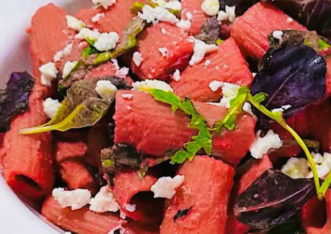 A picture of Beetroot Hummus Rigatoni with Feta.