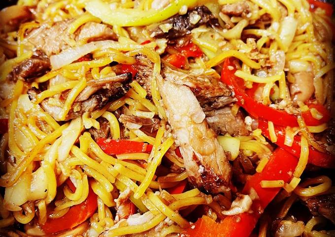 A picture of Leftover Roast Pork with Vegetable Chow Mein.