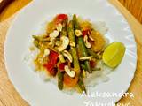 A picture of Thai vegetables with jasmine rice.