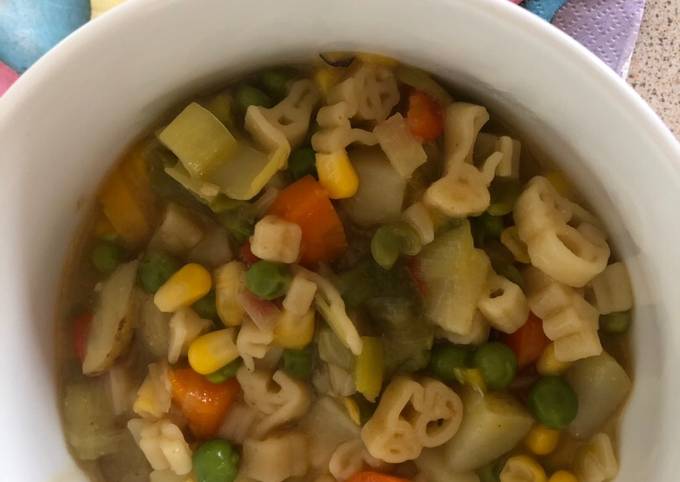 A picture of Vegetable stew with Animal Pasta.