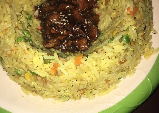 A picture of Quick & easy vegetable fried rice served with chicken teriyaki🍚🍲🥗🍗.