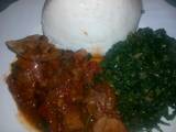 A picture of Beef stew,veges and ugali.