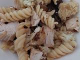 A picture of Sig's roast chicken, roast cauliflower, onion and mushroom pasta.