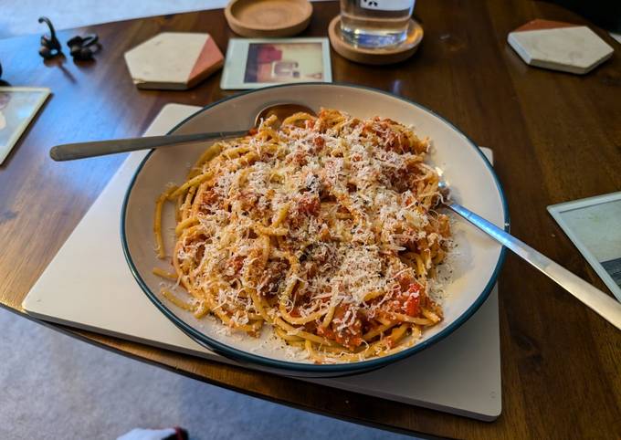 A picture of My favourite homemade tomato and chorizo pasta.