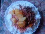 A picture of White rice, omena and tomato and potato soup.