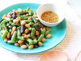 A picture of Japanese vegetable dish, hot salad with beans and soy boiled with rice vinegar.